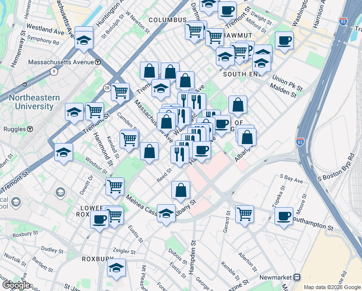 map of restaurants, bars, coffee shops, grocery stores, and more near 668 Massachusetts Avenue in Boston