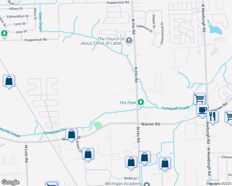 map of restaurants, bars, coffee shops, grocery stores, and more near 6935 North Hix Road in Westland
