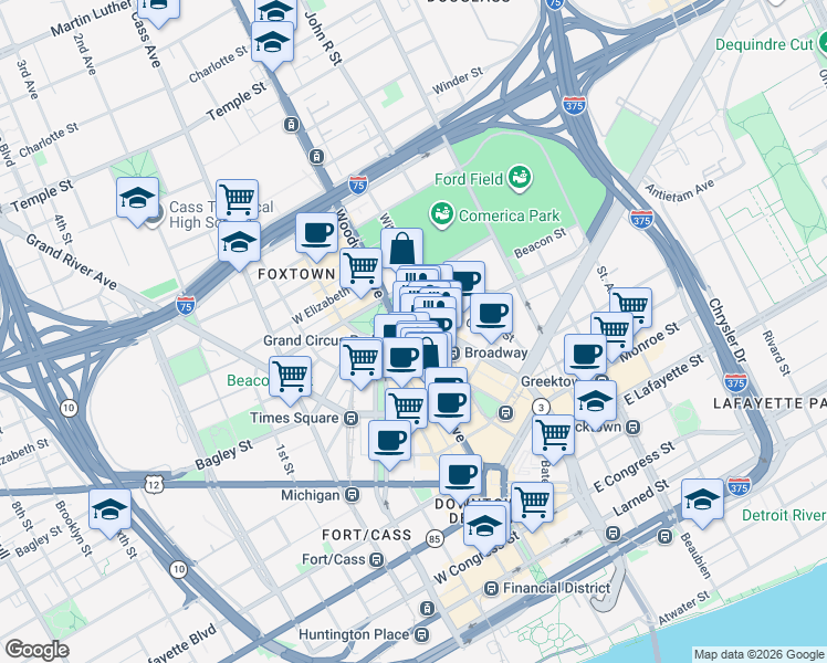 map of restaurants, bars, coffee shops, grocery stores, and more near 1545 Broadway Street in Detroit