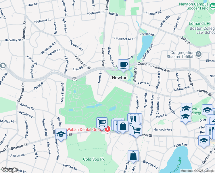 map of restaurants, bars, coffee shops, grocery stores, and more near 34 Cummings Road in Newton