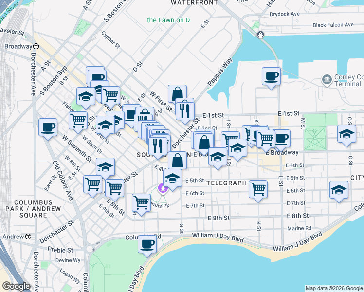 map of restaurants, bars, coffee shops, grocery stores, and more near 9 G Street in Boston