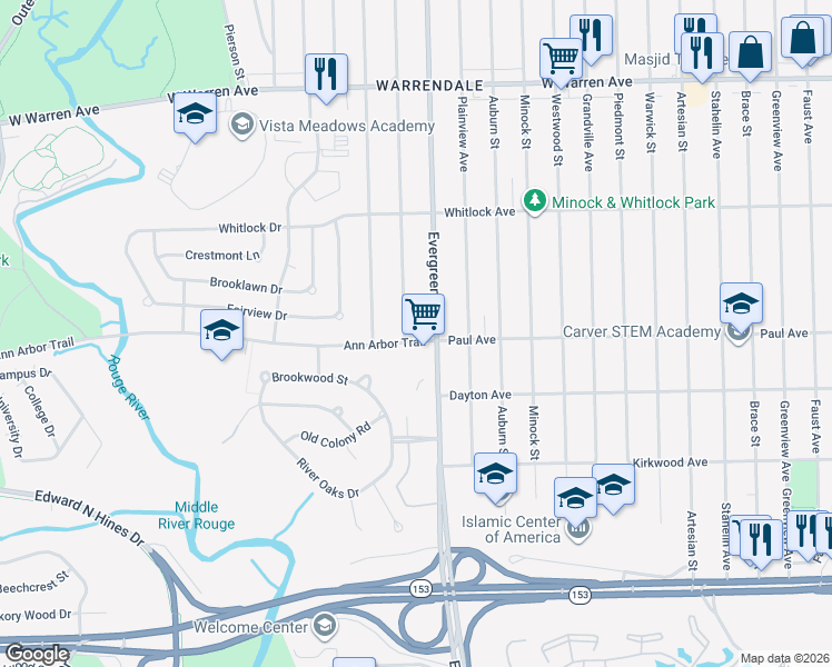 map of restaurants, bars, coffee shops, grocery stores, and more near 6307 Vaughan Street in Detroit