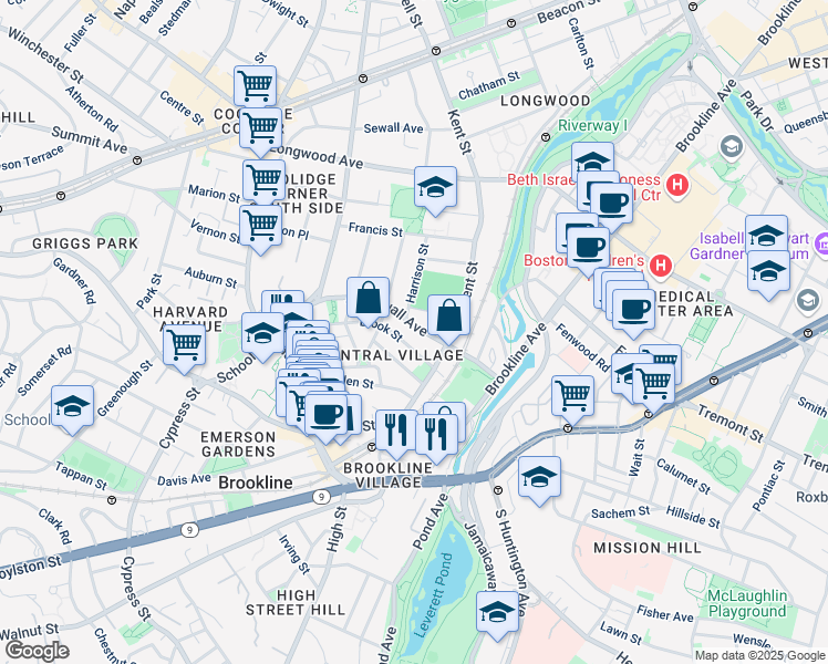 map of restaurants, bars, coffee shops, grocery stores, and more near 203 Aspinwall Avenue in Brookline