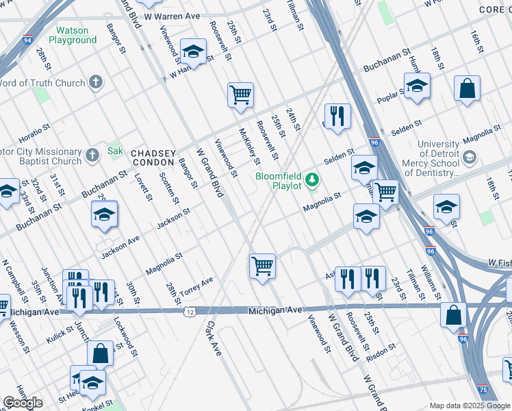 map of restaurants, bars, coffee shops, grocery stores, and more near 3814 Vinewood Street in Detroit