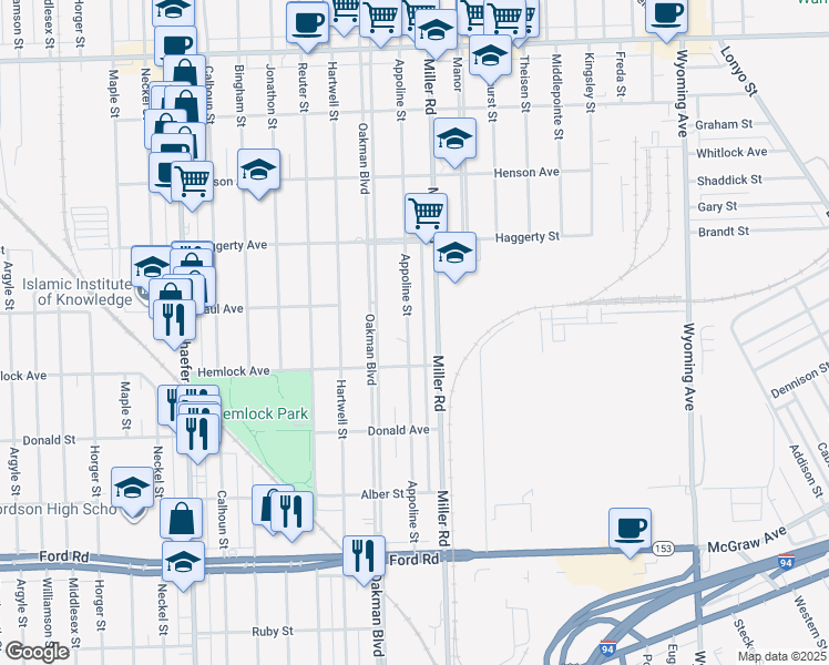 map of restaurants, bars, coffee shops, grocery stores, and more near 6300 Appoline Street in Dearborn