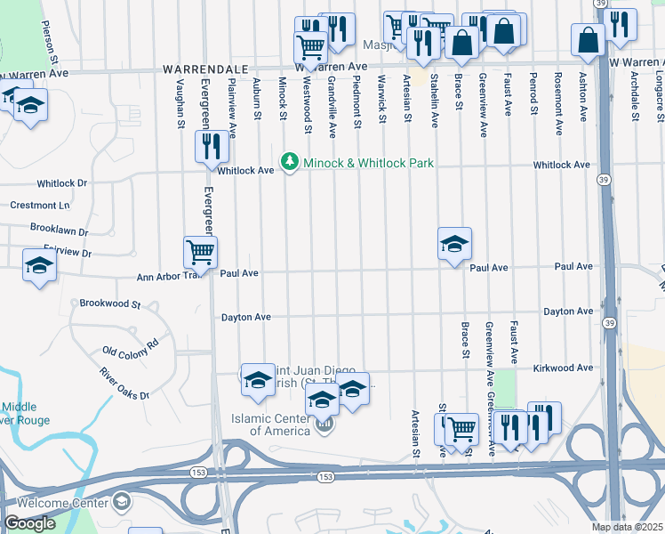 map of restaurants, bars, coffee shops, grocery stores, and more near 6309 Grandville Avenue in Detroit
