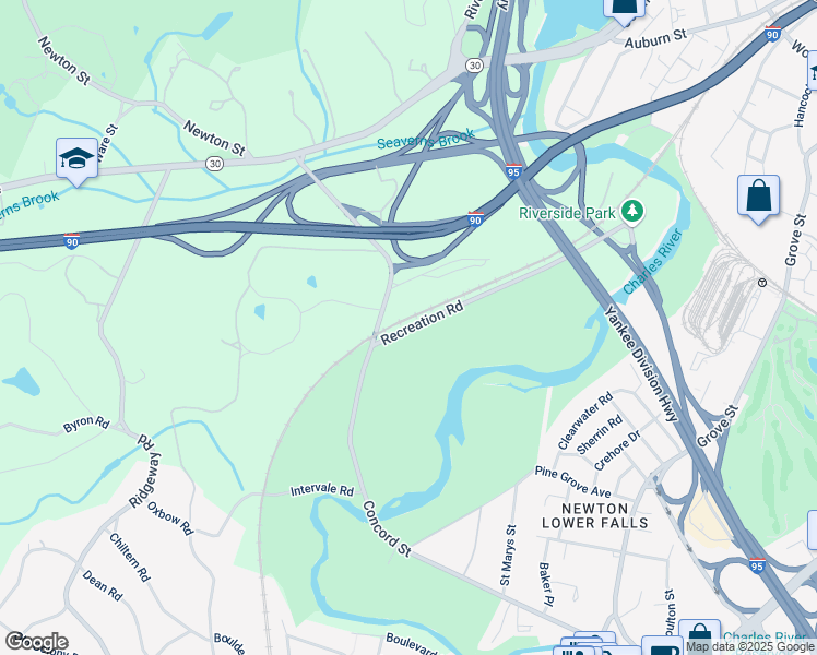 map of restaurants, bars, coffee shops, grocery stores, and more near 15 Recreation Road in Weston