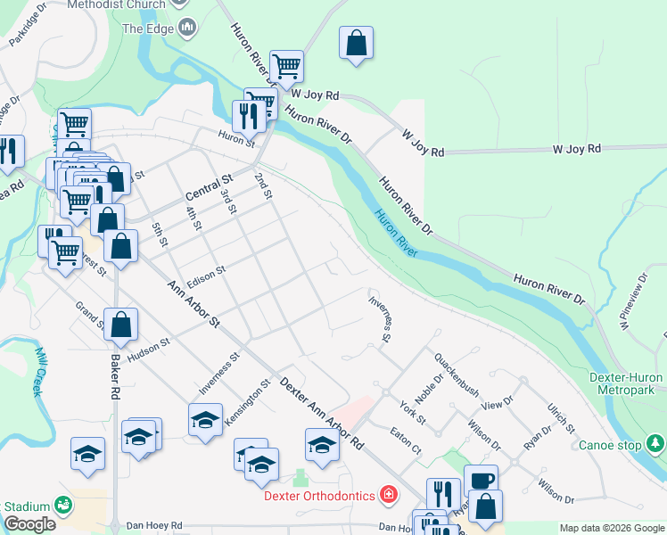 map of restaurants, bars, coffee shops, grocery stores, and more near 7680 Hudson Court in Dexter
