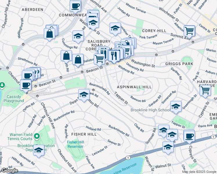 map of restaurants, bars, coffee shops, grocery stores, and more near 299 Tappan Street in Brookline