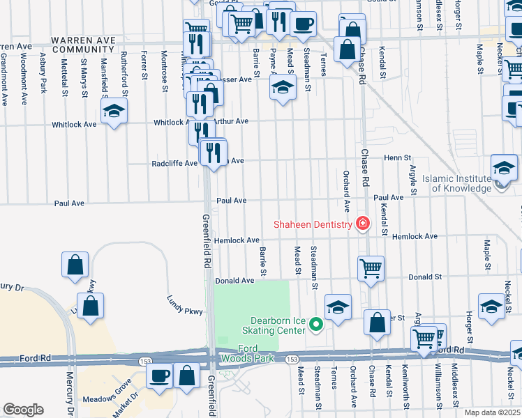 map of restaurants, bars, coffee shops, grocery stores, and more near 6327 Barrie Street in Dearborn