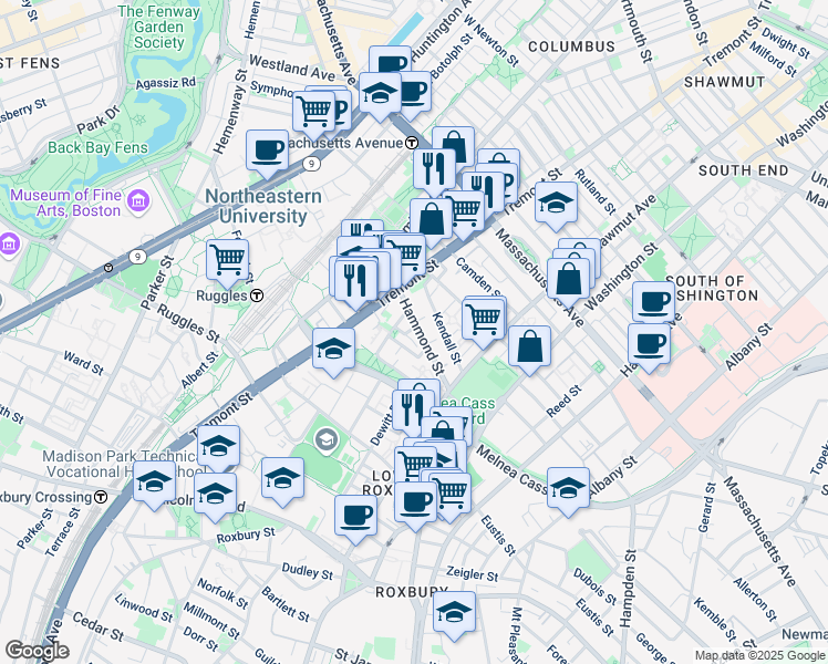 map of restaurants, bars, coffee shops, grocery stores, and more near 10 Sussex Street in Boston