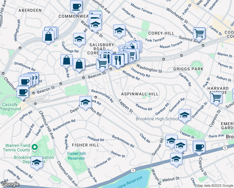 map of restaurants, bars, coffee shops, grocery stores, and more near 299 Tappan Street in Brookline