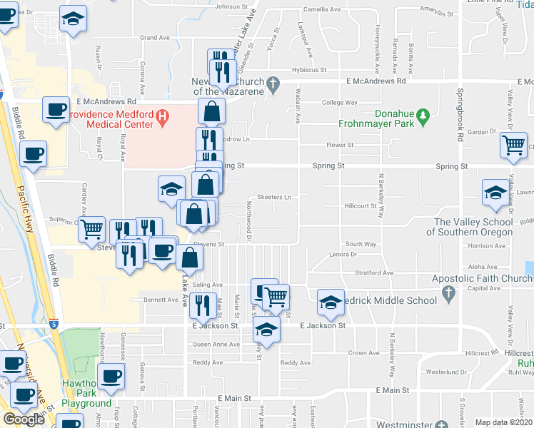 map of restaurants, bars, coffee shops, grocery stores, and more near 727 Rocky Road Drive in Medford