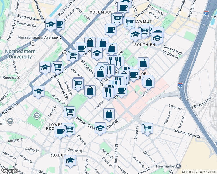 map of restaurants, bars, coffee shops, grocery stores, and more near 668 Massachusetts Avenue in Boston