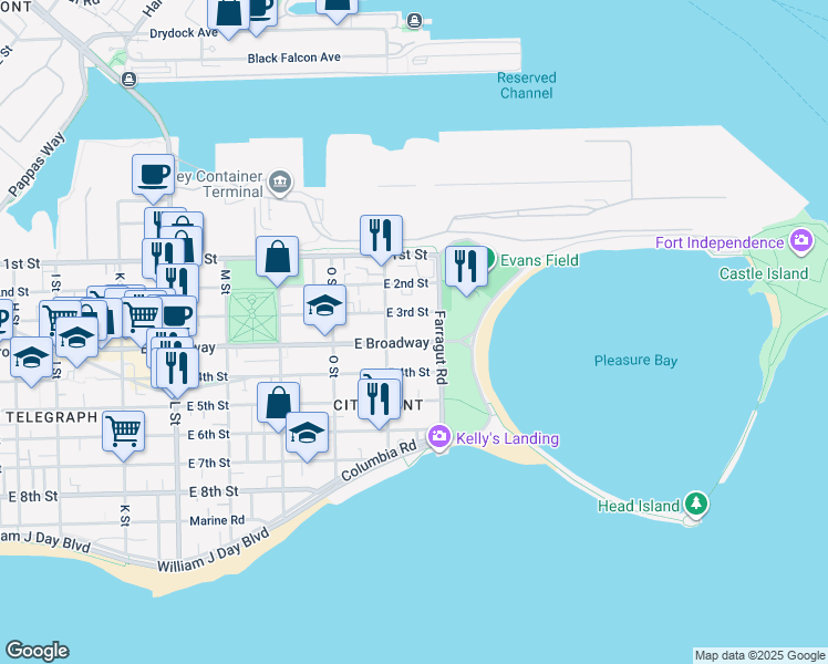 map of restaurants, bars, coffee shops, grocery stores, and more near 936 East Broadway in Boston