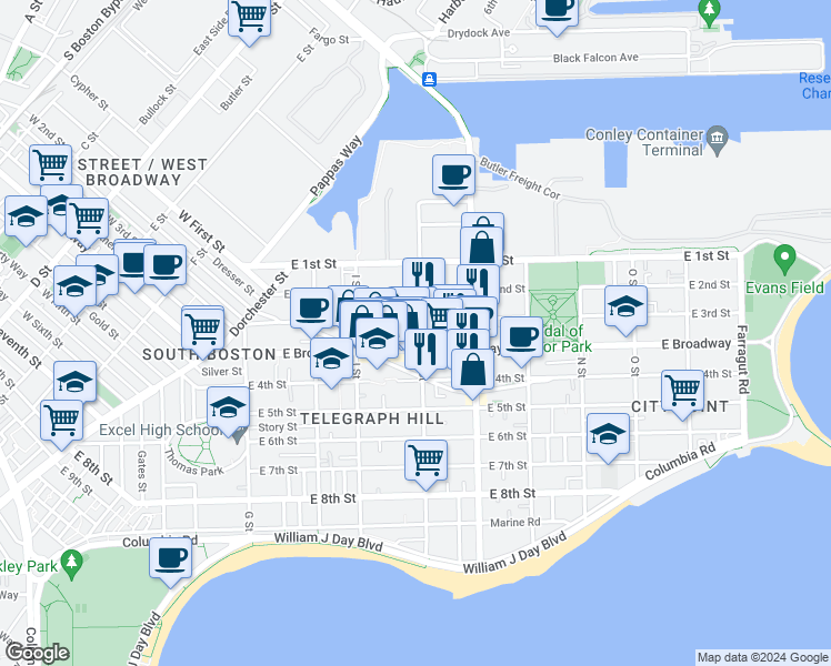 map of restaurants, bars, coffee shops, grocery stores, and more near 3 K Street Place in Boston