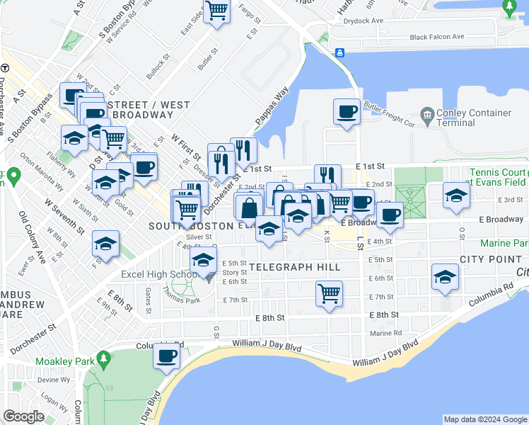 map of restaurants, bars, coffee shops, grocery stores, and more near 60 H Street in Boston