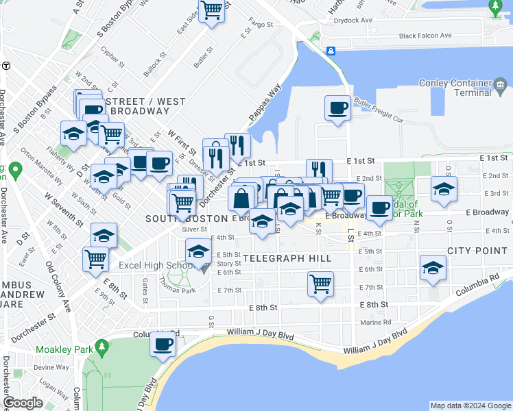 map of restaurants, bars, coffee shops, grocery stores, and more near 60 H Street in Boston