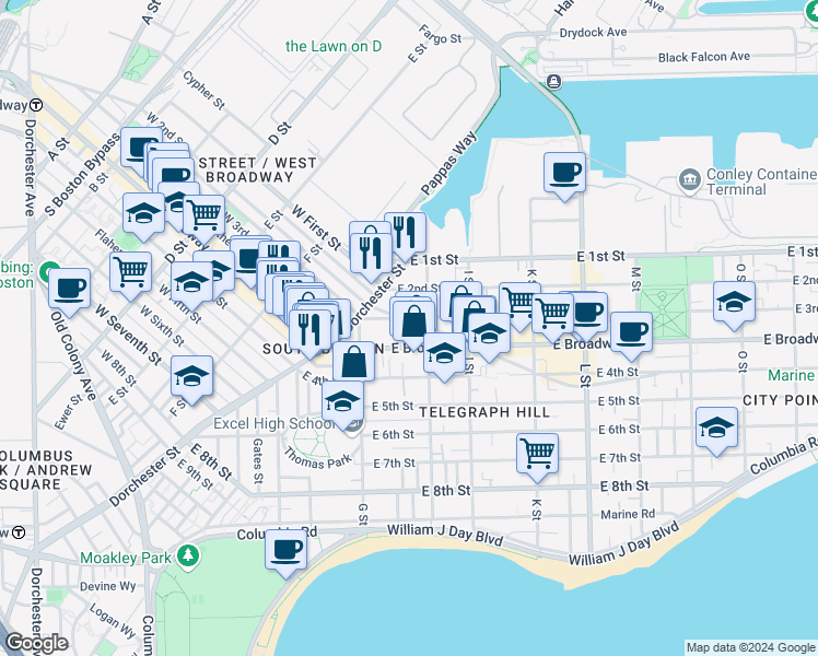 map of restaurants, bars, coffee shops, grocery stores, and more near 433 East 3rd Street in Boston