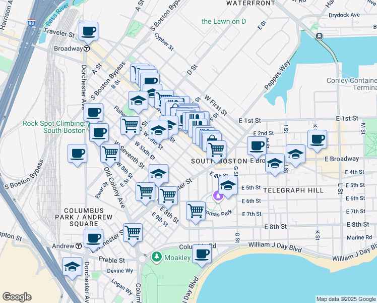 map of restaurants, bars, coffee shops, grocery stores, and more near 104 F Street in Boston