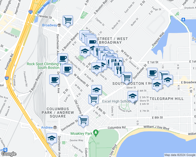 map of restaurants, bars, coffee shops, grocery stores, and more near 223 West Fifth Street in Boston