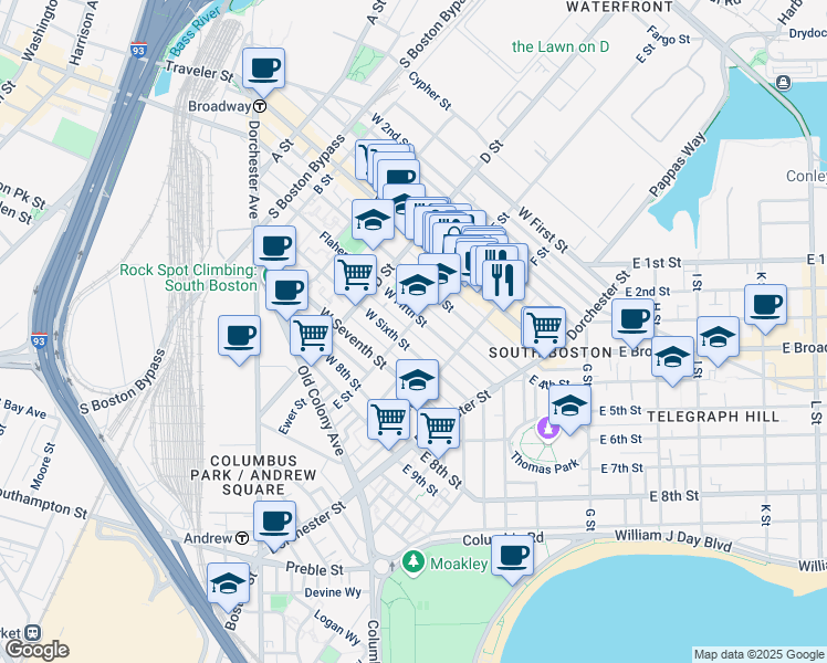 map of restaurants, bars, coffee shops, grocery stores, and more near 223 West Fifth Street in Boston