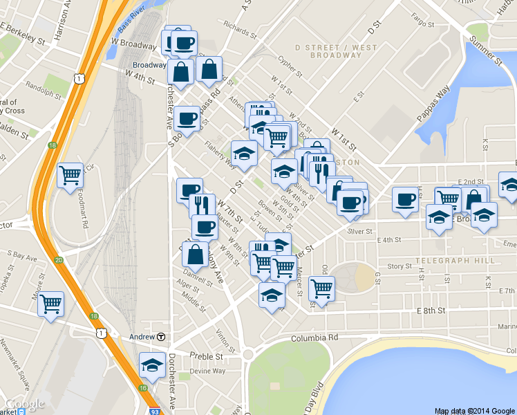 map of restaurants, bars, coffee shops, grocery stores, and more near in Boston