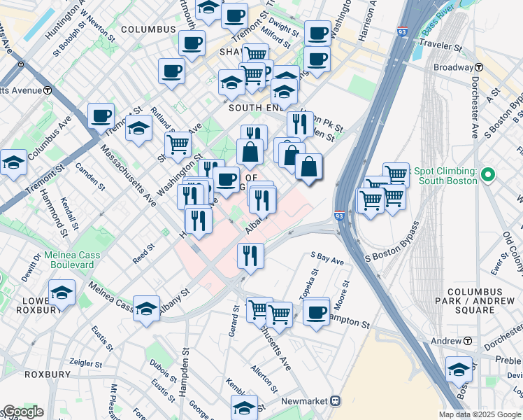 map of restaurants, bars, coffee shops, grocery stores, and more near 650 Albany Street in Boston