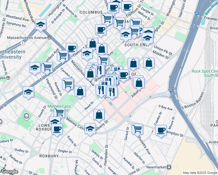 map of restaurants, bars, coffee shops, grocery stores, and more near 33 Worcester Square in Boston