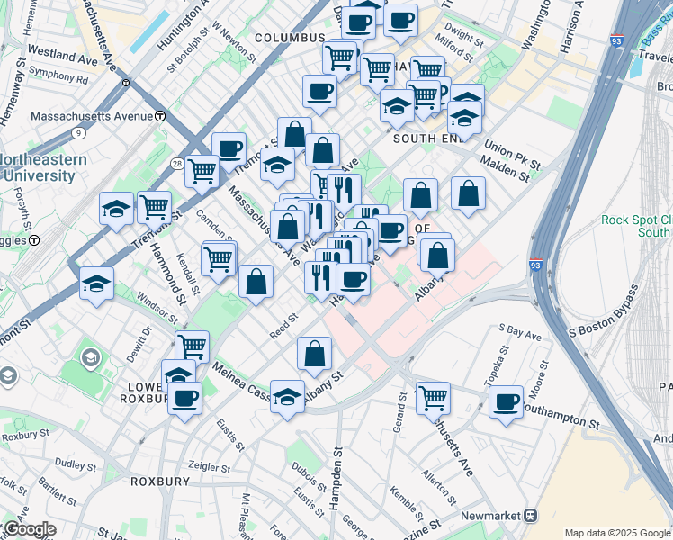 map of restaurants, bars, coffee shops, grocery stores, and more near 33 Worcester Square in Boston