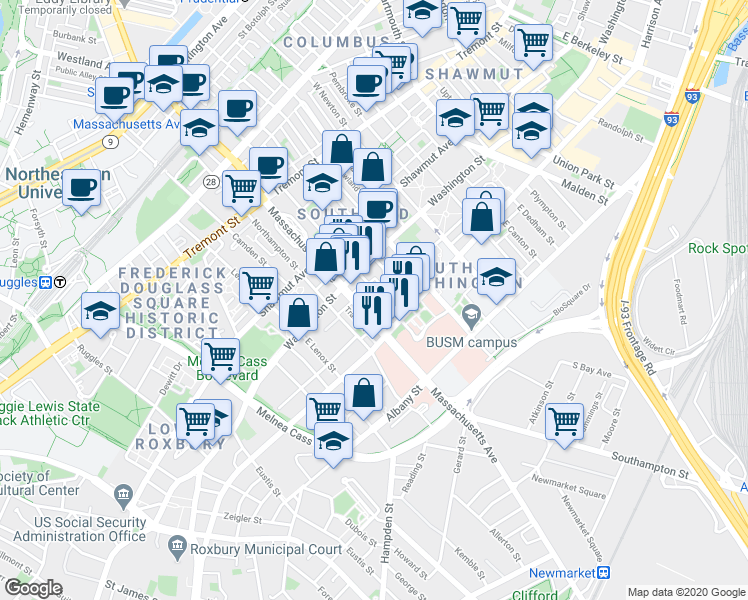 map of restaurants, bars, coffee shops, grocery stores, and more near 668 Massachusetts Avenue in Boston