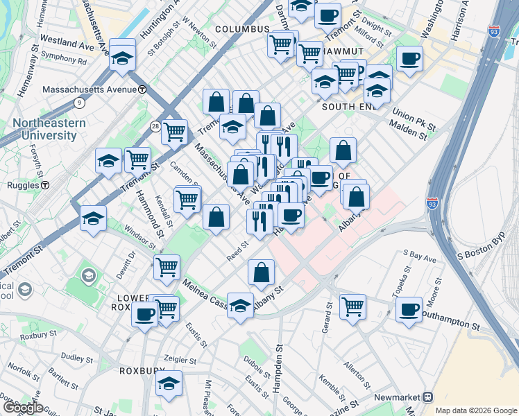 map of restaurants, bars, coffee shops, grocery stores, and more near 668 Massachusetts Avenue in Boston