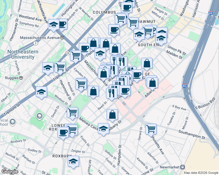 map of restaurants, bars, coffee shops, grocery stores, and more near 668 Massachusetts Avenue in Boston