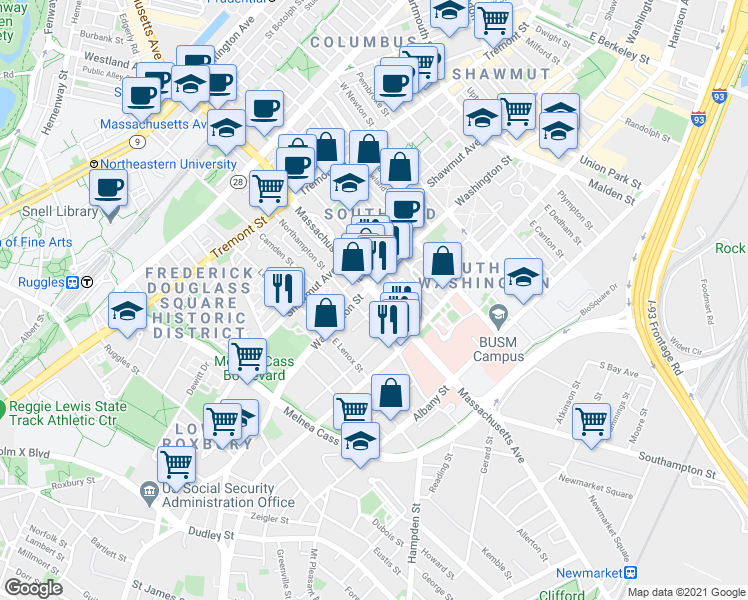 map of restaurants, bars, coffee shops, grocery stores, and more near 1786 Washington Street in Boston