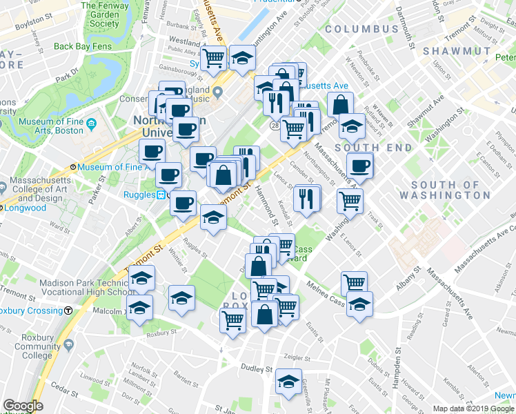 map of restaurants, bars, coffee shops, grocery stores, and more near 10 Sussex Street in Boston