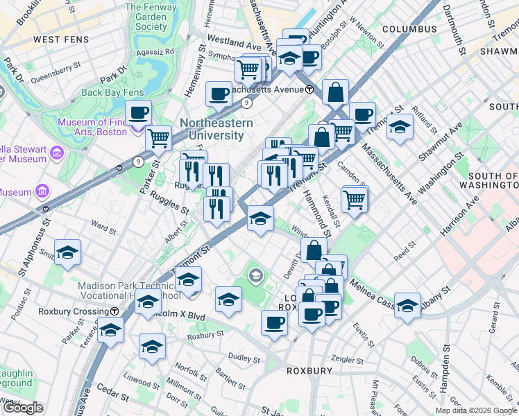 map of restaurants, bars, coffee shops, grocery stores, and more near 1065 Tremont Street in Boston
