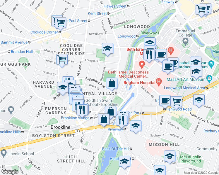 map of restaurants, bars, coffee shops, grocery stores, and more near 145 Kent Street in Brookline