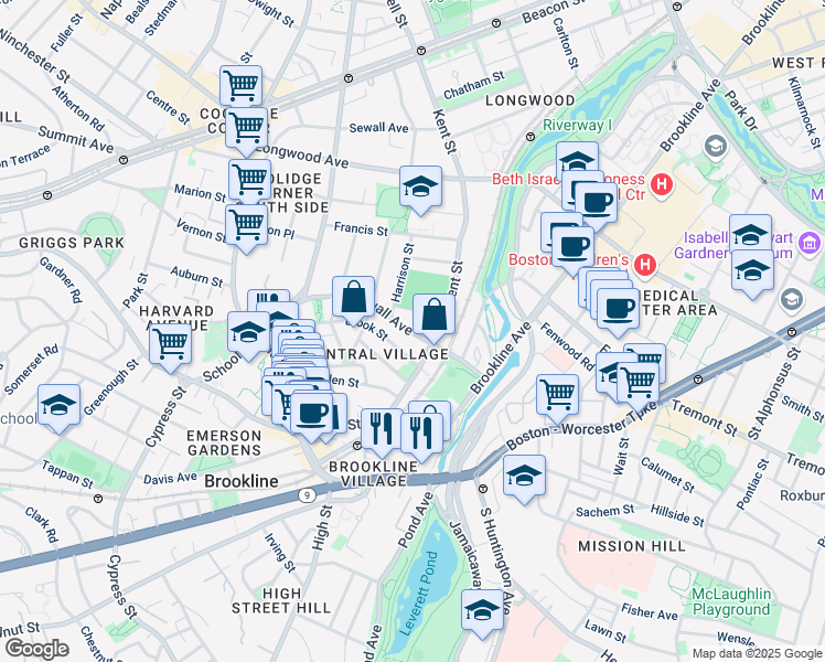 map of restaurants, bars, coffee shops, grocery stores, and more near 203 Aspinwall Avenue in Brookline