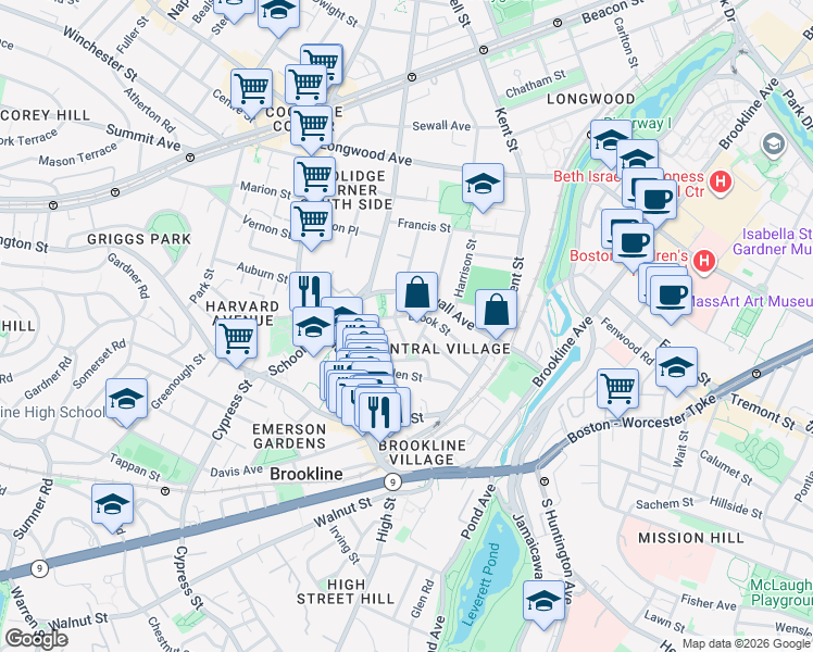 map of restaurants, bars, coffee shops, grocery stores, and more near in Brookline