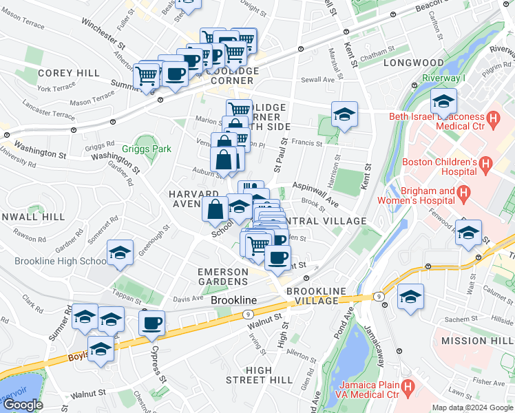 map of restaurants, bars, coffee shops, grocery stores, and more near 14 Homer Street in Brookline