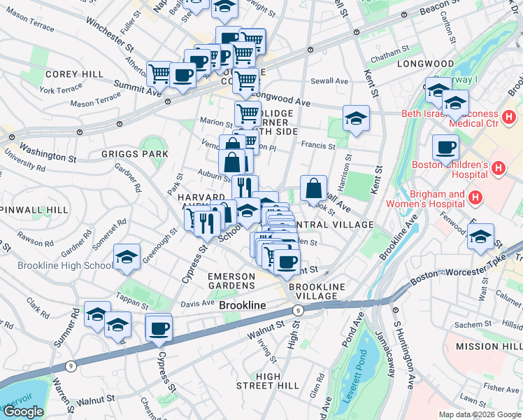 map of restaurants, bars, coffee shops, grocery stores, and more near 14 Homer Street in Brookline