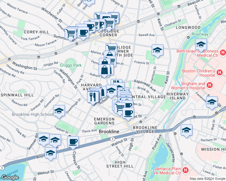 map of restaurants, bars, coffee shops, grocery stores, and more near 4 Harvard Place in Brookline