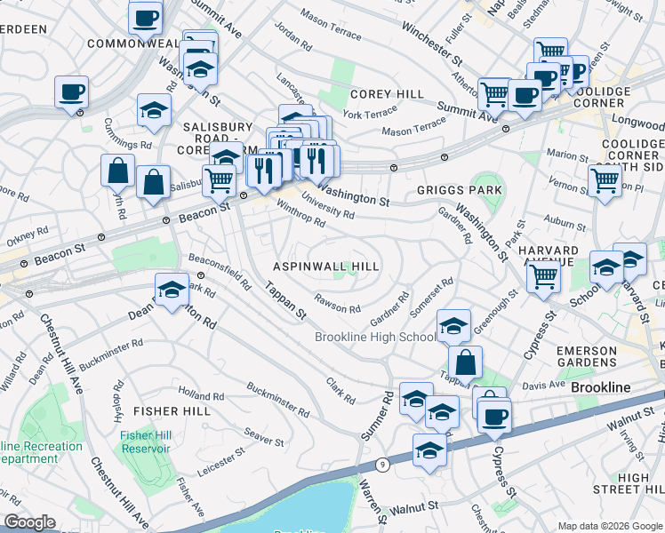 map of restaurants, bars, coffee shops, grocery stores, and more near in Brookline
