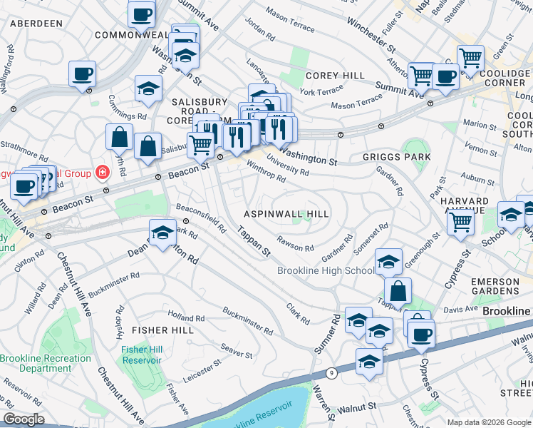 map of restaurants, bars, coffee shops, grocery stores, and more near 185 Rawson Road in Brookline