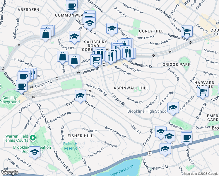 map of restaurants, bars, coffee shops, grocery stores, and more near 299 Tappan Street in Brookline