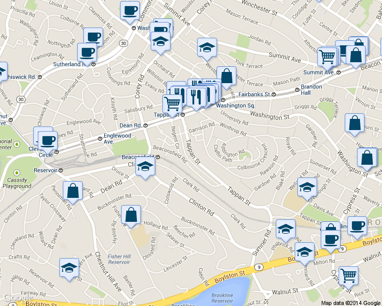 map of restaurants, bars, coffee shops, grocery stores, and more near 299 Tappan Street in Brookline