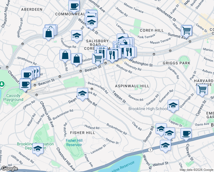map of restaurants, bars, coffee shops, grocery stores, and more near 299 Tappan Street in Brookline