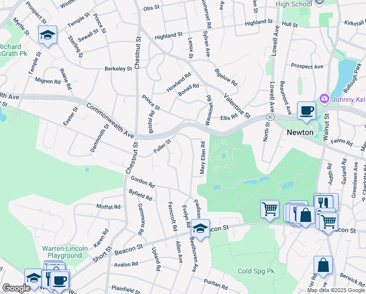 map of restaurants, bars, coffee shops, grocery stores, and more near 23 Troy Lane in Newton