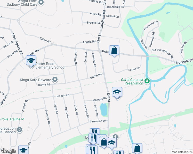 map of restaurants, bars, coffee shops, grocery stores, and more near 14 Griffin Road in Framingham