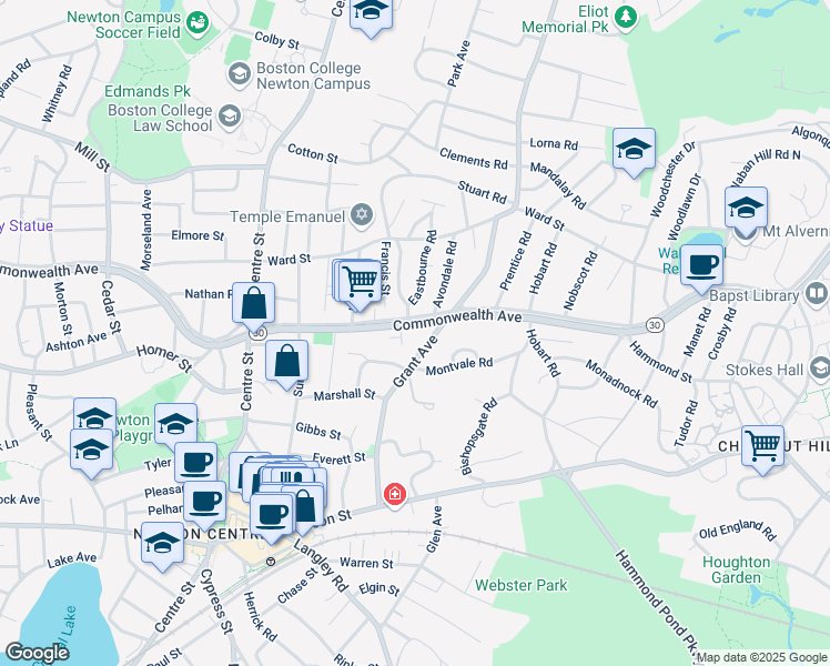 map of restaurants, bars, coffee shops, grocery stores, and more near 516 Commonwealth Avenue in Newton